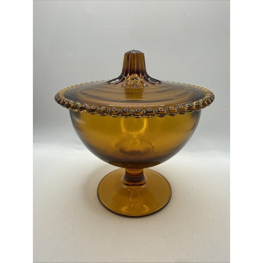 Amber Indiana Glass Amber Beaded Edge Compote Lid Cover Candy Dish